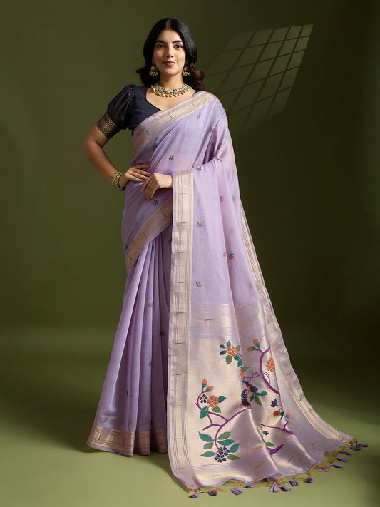 Luxurious Lavender Muga Cotton Saree with Royal Purple Paithani Weaving