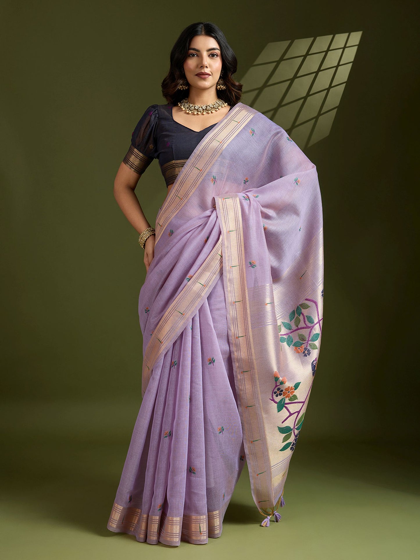 Luxurious Lavender Muga Cotton Saree with Royal Purple Paithani Weaving