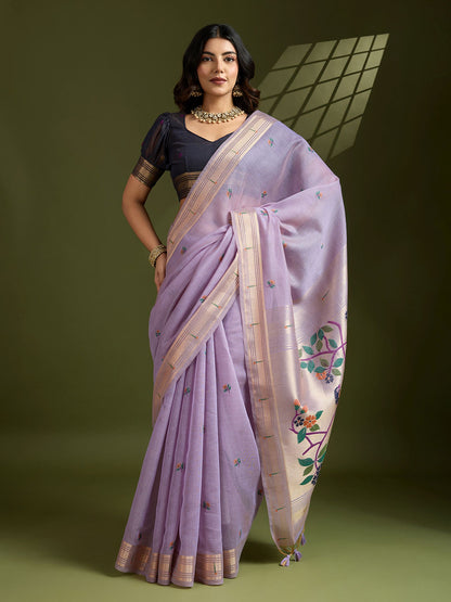 Luxurious Lavender Muga Cotton Saree with Royal Purple Paithani Weaving
