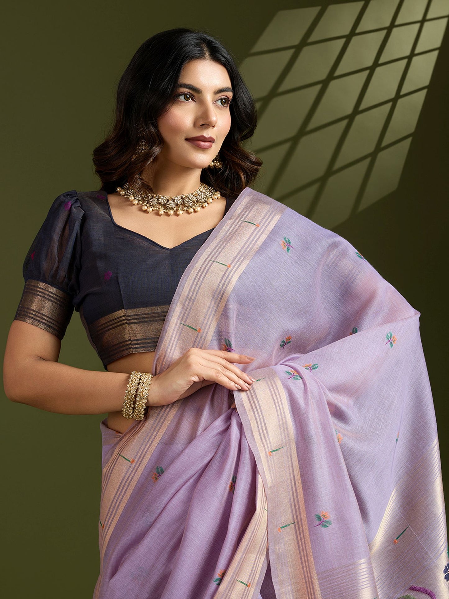 Luxurious Lavender Muga Cotton Saree with Royal Purple Paithani Weaving