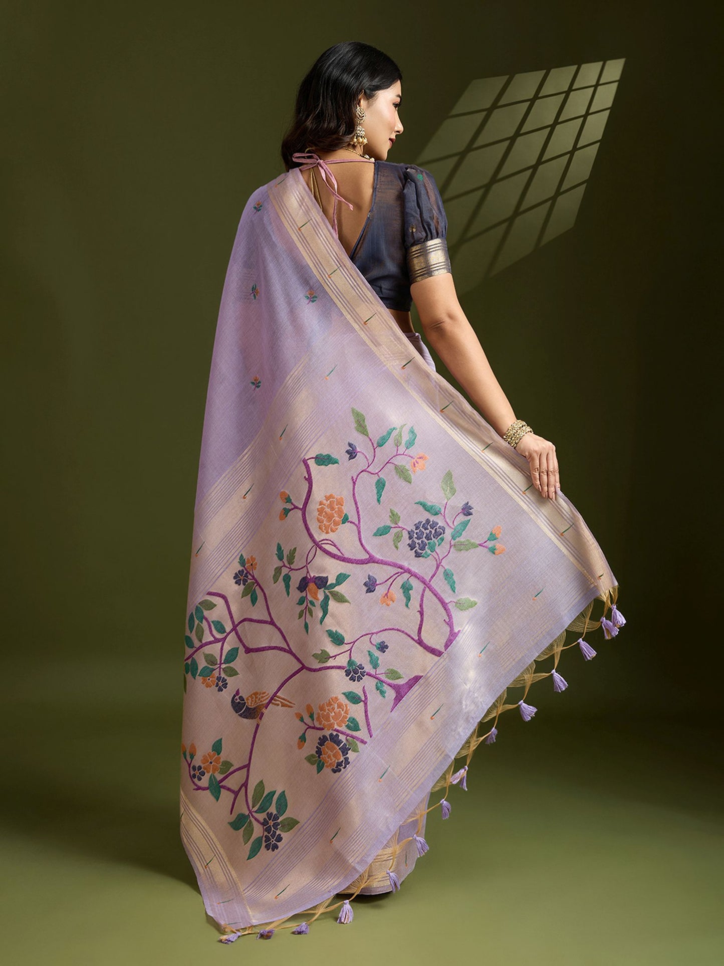Luxurious Lavender Muga Cotton Saree with Royal Purple Paithani Weaving