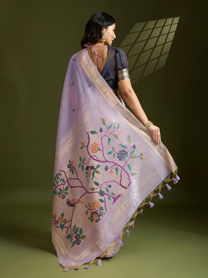 Luxurious Lavender Muga Cotton Saree with Royal Purple Paithani Weaving