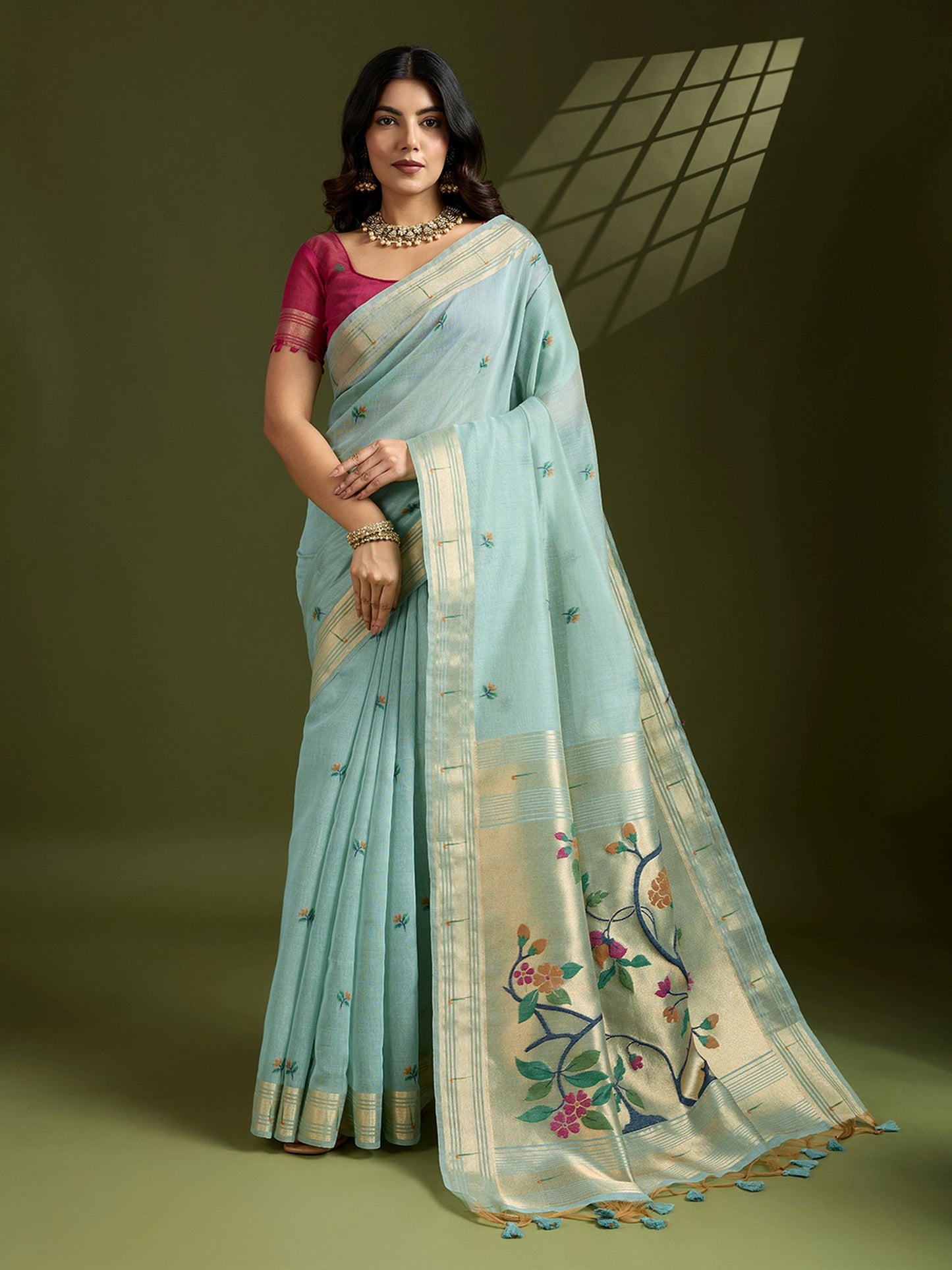 Serene Sky Blue Muga Cotton Saree with Rich Burgundy Paithani Weave