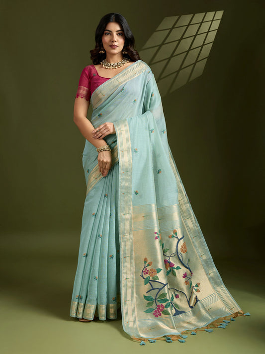 Serene Sky Blue Muga Cotton Saree with Rich Burgundy Paithani Weave