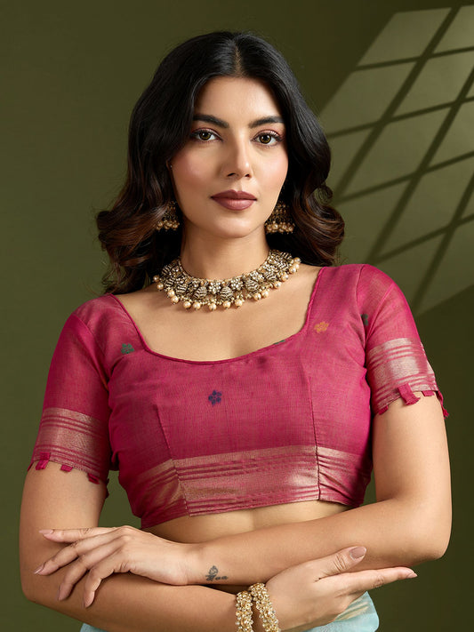 Serene Sky Blue Muga Cotton Saree with Rich Burgundy Paithani Weave