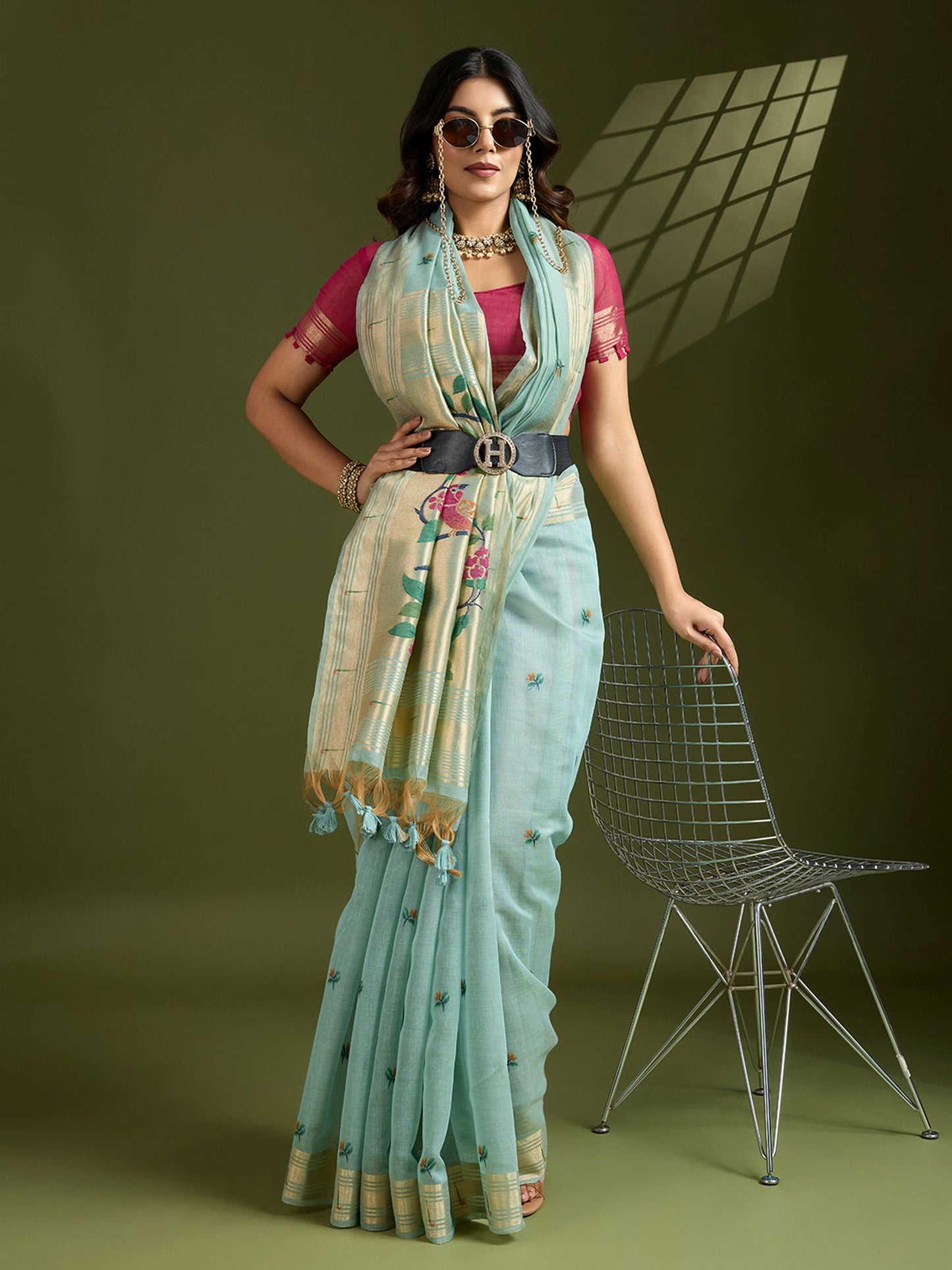 Serene Sky Blue Muga Cotton Saree with Rich Burgundy Paithani Weave