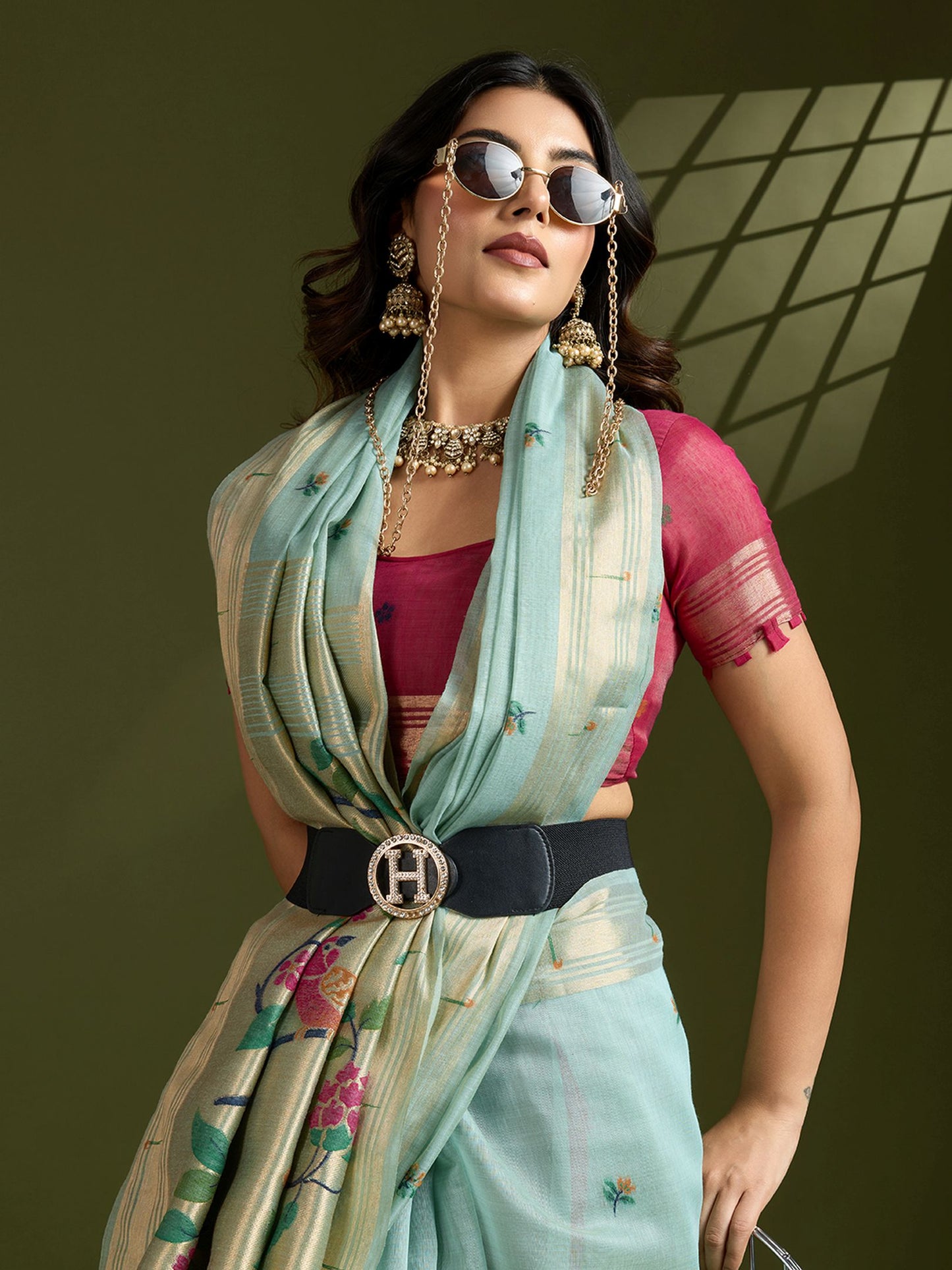 Serene Sky Blue Muga Cotton Saree with Rich Burgundy Paithani Weave