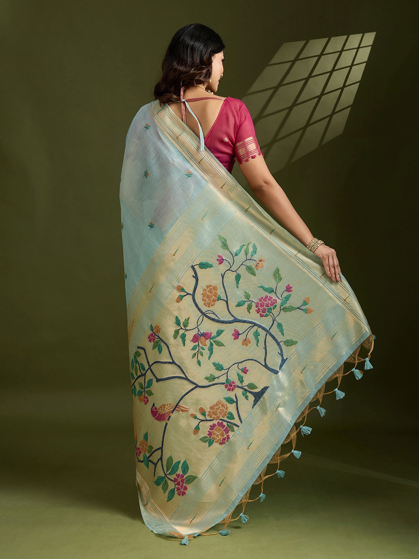 Serene Sky Blue Muga Cotton Saree with Rich Burgundy Paithani Weave