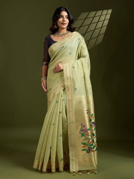 Traditional Green Muga Cotton Saree with Earthy Brown Paithani Blouse