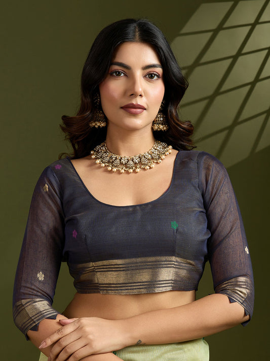 Traditional Green Muga Cotton Saree with Earthy Brown Paithani Blouse