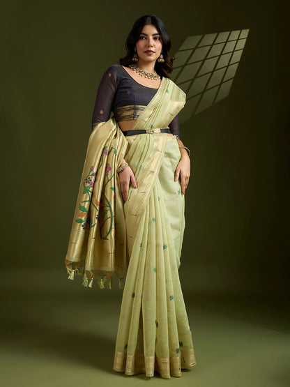 Traditional Green Muga Cotton Saree with Earthy Brown Paithani Blouse