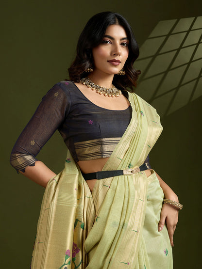 Traditional Green Muga Cotton Saree with Earthy Brown Paithani Blouse