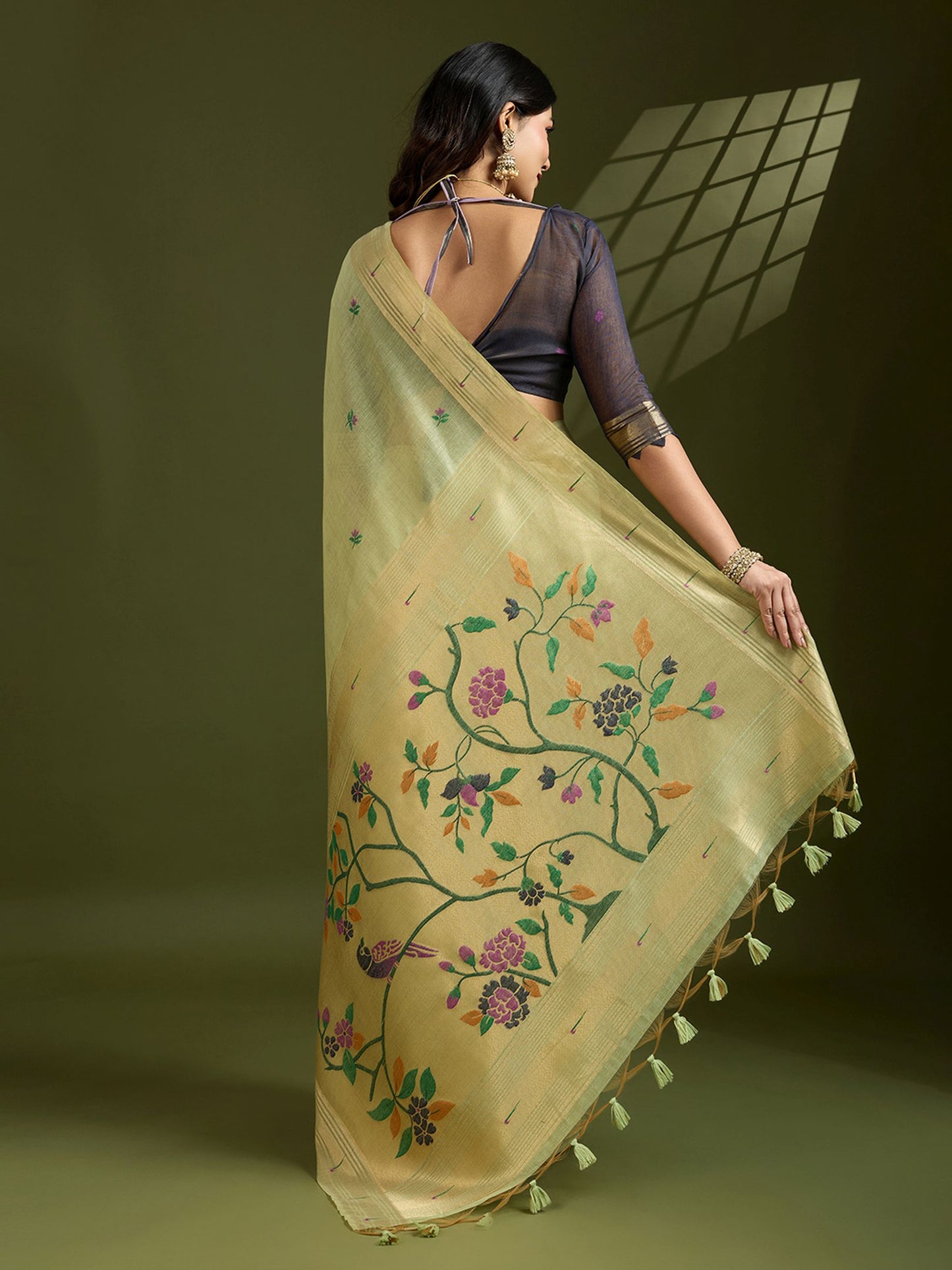 Traditional Green Muga Cotton Saree with Earthy Brown Paithani Blouse