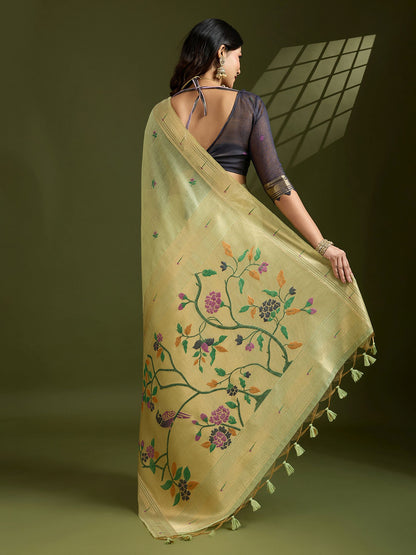 Traditional Green Muga Cotton Saree with Earthy Brown Paithani Blouse