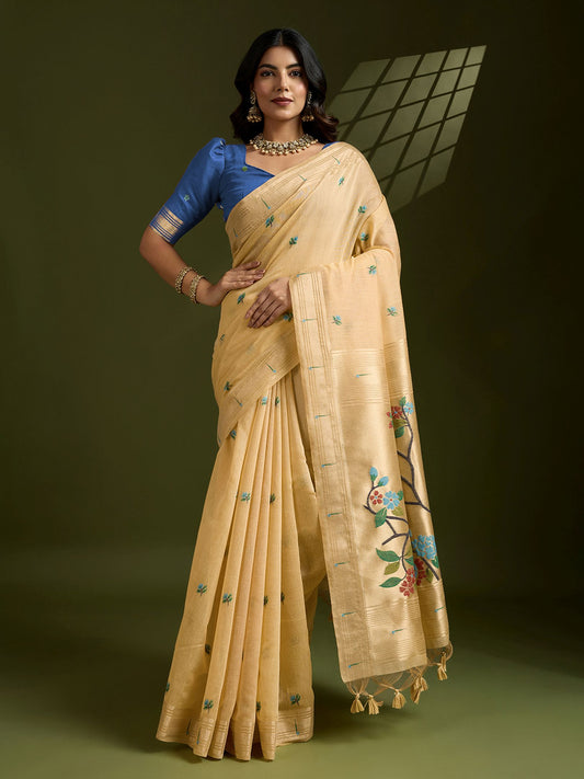 Vibrant Mustard Muga Cotton Saree Paired with Bold Blue Paithani Weaving