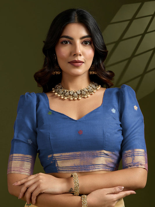 Vibrant Mustard Muga Cotton Saree Paired with Bold Blue Paithani Weaving