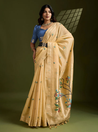 Vibrant Mustard Muga Cotton Saree Paired with Bold Blue Paithani Weaving