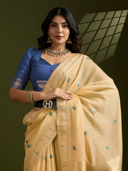 Vibrant Mustard Muga Cotton Saree Paired with Bold Blue Paithani Weaving