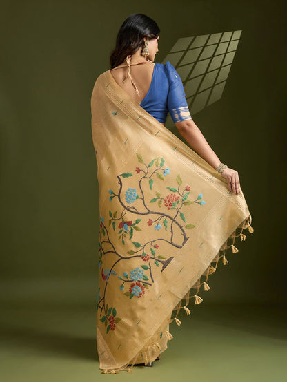 Vibrant Mustard Muga Cotton Saree Paired with Bold Blue Paithani Weaving