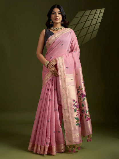 Elegant Pink Muga Cotton Saree with Classic Coffee Contrast and Paithani Work