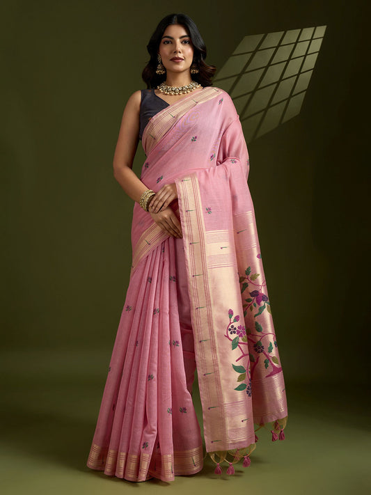Elegant Pink Muga Cotton Saree with Classic Coffee Contrast and Paithani Work