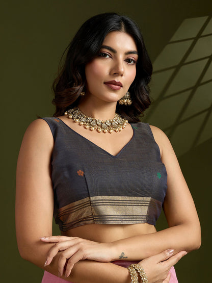Elegant Pink Muga Cotton Saree with Classic Coffee Contrast and Paithani Work