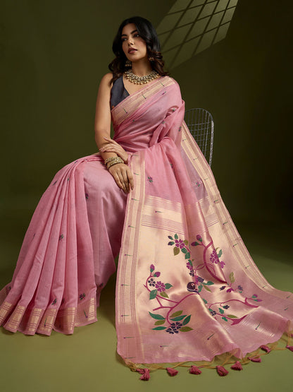 Elegant Pink Muga Cotton Saree with Classic Coffee Contrast and Paithani Work