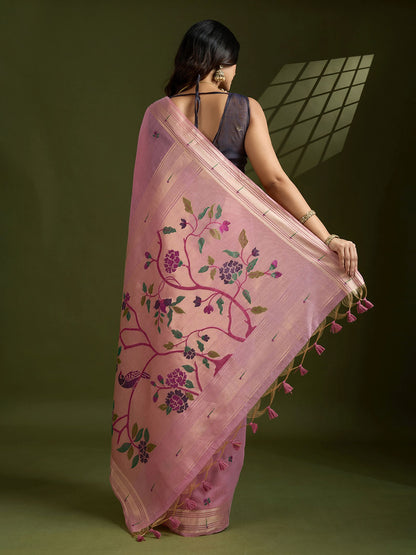 Elegant Pink Muga Cotton Saree with Classic Coffee Contrast and Paithani Work