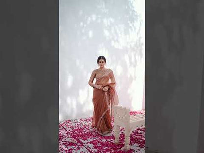 VARYA by Norita Rust Crepe Shimmer Silk Handwork Saree with Unstitched Blouse