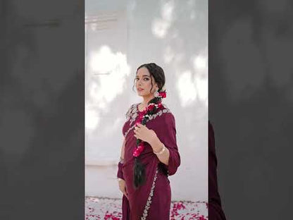 VARYA Wine Pure Crepe Silk Handwork Saree with Unstitched Blouse