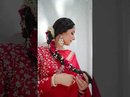 VARYA Red Crepe Satin Silk Handwork Saree with Unstitched Blouse
