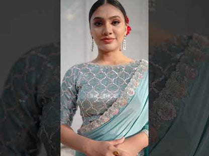 VARYA Firoji Pure Crepe Silk Handwork Saree with Unstitched Blouse
