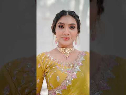 VARYA Mustard Shimmer Chiffon Handwork Saree with Unstitched Blouse