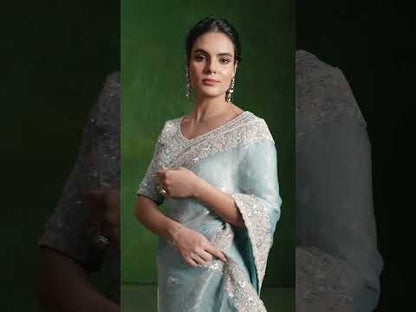 Sea Green 2-Tone Satin Silk Saree: Multi-Sequence Handwork, Stitched Blouse from Ranjhana Collection