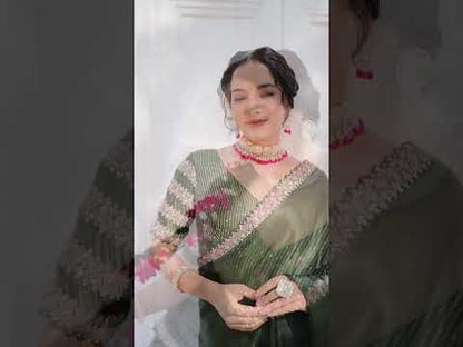 VARYA Green Crepe Satin Silk Handwork Saree with Unstitched Blouse
