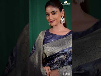 Blue Tussar Silk Jacquard Saree: Abstract Digital Print, Mohira Collection Unstitched Blouse