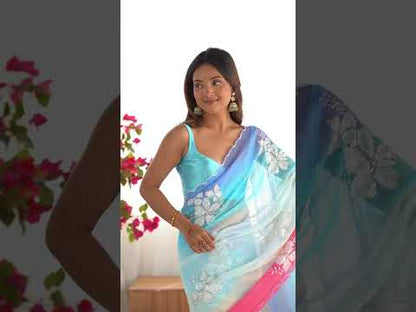 Sky Blue Georgette Party Wear Saree: Dual-Shaded, Sequins, Padding Color Print, Ultra Satin Blouse