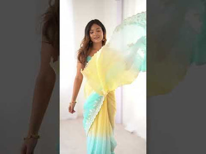 Yellow Crunchy Silk Party Wear Saree with Sea Green Blouse