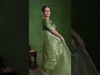 Green Crush Paper Silk Saree: Sequence & Diamond Work, Stitched Blouse from Ranjhana Collection