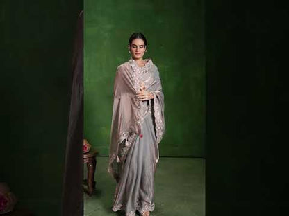 Peach 2-Tone Satin Silk Saree: Dual Sequence, Diamond Work, Stitched Blouse from Ranjhana Collection