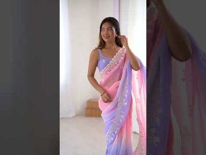 Pink Crunchy Silk Party Wear Saree with Lavender Blouse