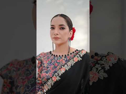 VARYA Black Crepe Satin Silk Handwork Saree with Unstitched Blouse