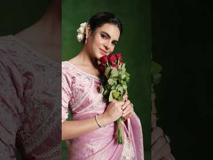 Dusty Pink Crush Paper Silk Saree: Dual Sequence Handwork, Stitched Blouse from Ranjhana Collection
