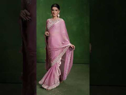 Pink 2-Tone Satin Silk Saree: Sequence Handwork, Stitched Blouse from the Ranjhana Collection