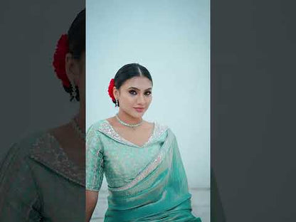 VARYA Sea Green Two Tone Satin Silk Handwork Saree with Unstitched Blouse