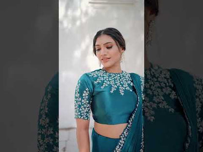 VARYA Teal Blue Pure Crepe Silk Moti Work Saree with Unstitched Blouse